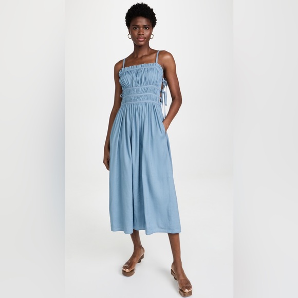 CULT GAIA Lola Smocked Linen Midi Dress Blue Steel NWT - Picture 4 of 13